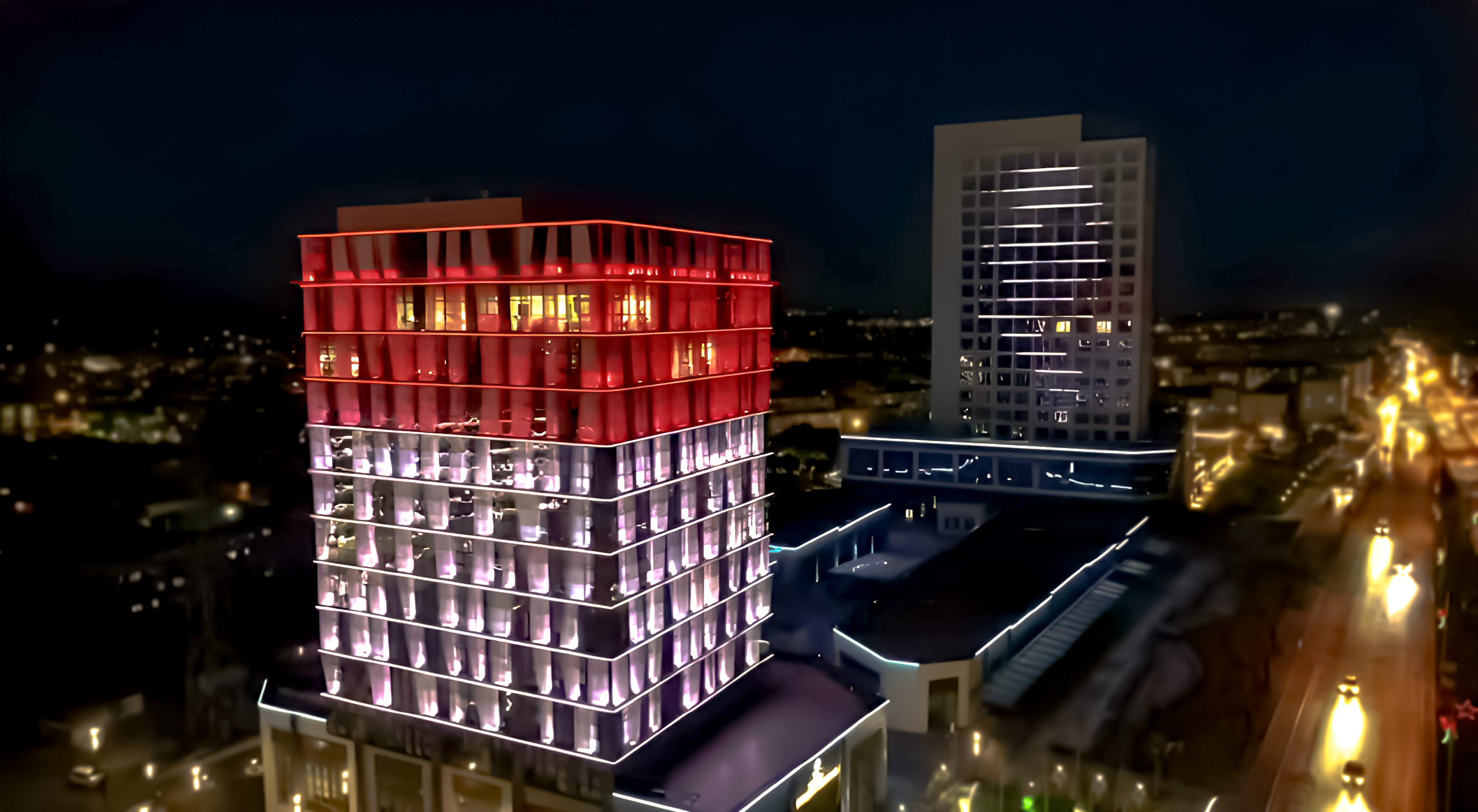 Manisa büyükşehir belediyesi binasının dış cephe aydınlatma tasarımı.